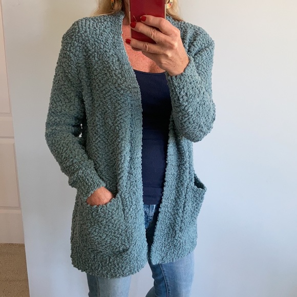 Blue/Green Color Popcorn Texture Open Cardigan - Picture 3 of 9